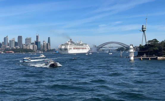 P&O Pacific Explorer arrives in Sydney Harbour, the first cruise ship to arrive since the ban on cruising lifted.