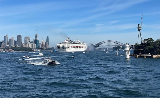 P&O Pacific Explorer arrives in Sydney Harbour, the first cruise ship to arrive since the ban on cruising lifted.