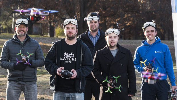 Canberra Multi-rotor Racing Club members Andy Soesman, Timothy Crofts, Joe Igoe-Taylor, Jacob Ryan and Dean Koeck will be taking part in the Canberra's drone racing championships on the weekend, which serves as a qualifying event for the national championships. 