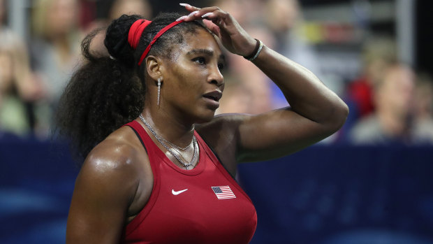 At a loss: Serena Williams during her match against Anastasija Sevastova in the 2020 Fed Cup qualifier between USA and Latvia.