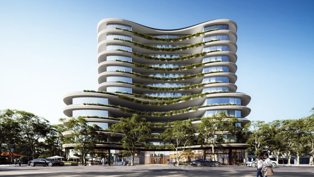 Goldfields' plans for its 4500 square metre parcel include a curving 12-level tower of 300 luxury apartments.