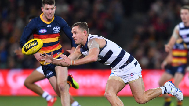 Bryce Gibbs and Joel Selwood battle for the ball.