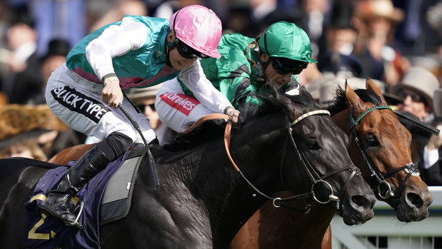 Harry Bentley (pink cap) riding Biometric wins the Brittania Stakes at Royal Ascot in 2019.
