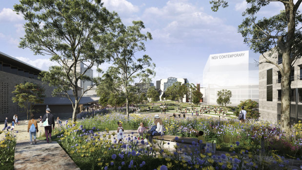 An artist's impression of the Melbourne Arts Precinct including an 18,000 sq m public garden.