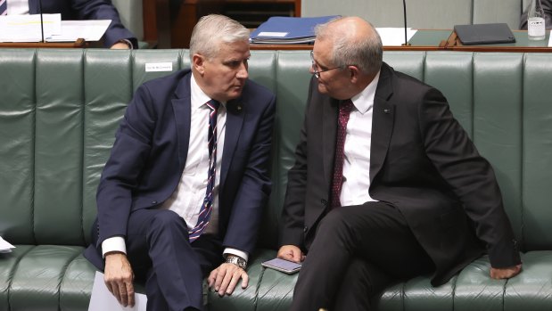 Deputy Prime Minister Michael McCormack and Prime Minister Scott Morrison during Question Time at Parliament House in Canberra on Tuesday 23 March 2021