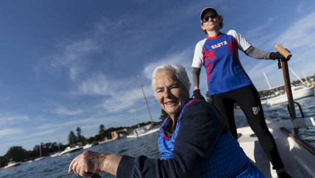 Eva Stern, 81, in her back-seat Dragon Boat rowing position at Rose Bay.