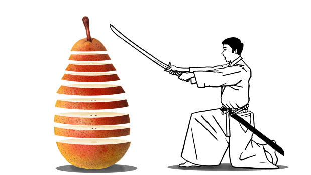 Slicing a piece of fruit is treated with the respect that every type of work deserves. Illustration by Simon Letch