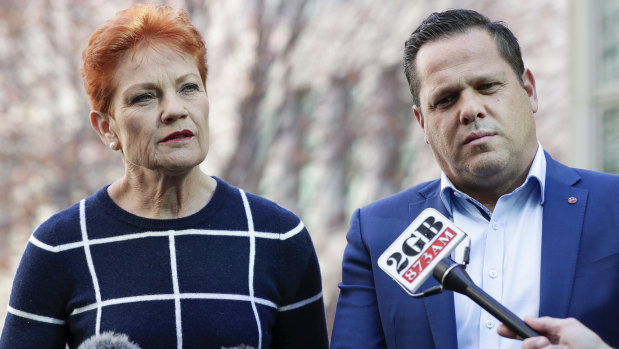One Nation Senators Pauline Hanson and Peter Georgiou address the media during a doorstop interview at Parliament House in Canberra on  Thursday 31 May 2018. 