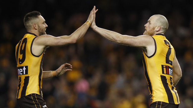 No hard feelings: 'Roughie' celebrates a goal with fellow Hawk forward Jack Gunston.