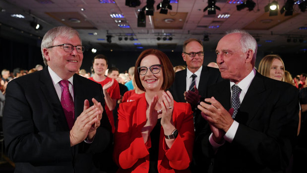 Former Labor prime ministers Kevin Rudd, Julia Gillard and Paul Keating at the Labor launch in Brisbane on Sunday. 