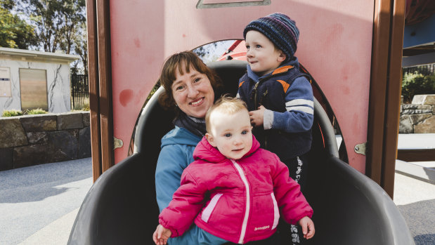 Trish Banyer with her two children Elliot, 2, and Josie, 10 months, at their favourite park, Boundless in Parkes.  