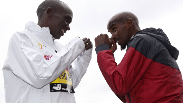 Fighting words: Britain's Mo Farah, right, and Kenya's Eliud Kipchoge promote the London Marathon.