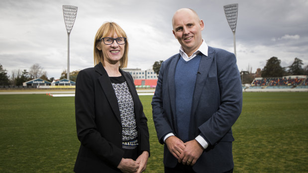 ACT government director of venues Liz Clarke and Cricket ACT boss Cameron French at Manuka Oval on Friday. 