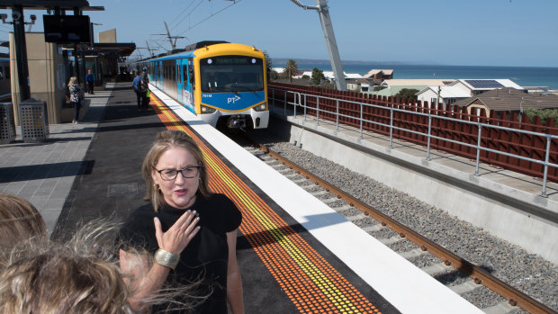 Transport Infrastructure Minister Jacinta Allan at the new Carrum station on its first morning. 