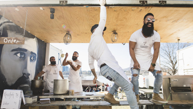 The travelling Knafeh Bakery, aka the bearded bakers at The National Museum of Australia.Front, bearded bakers Mazen Hanna and Noor Yousef.