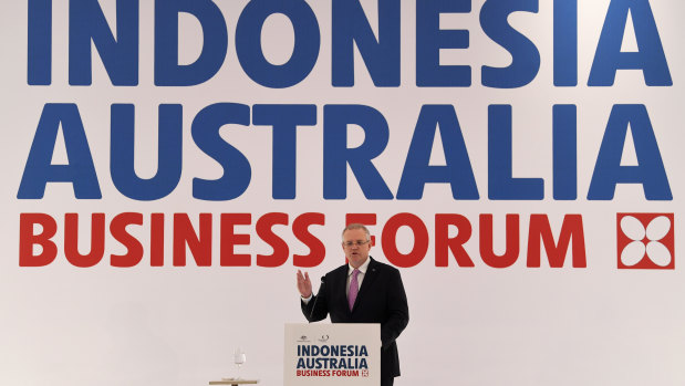 Scott Morrison speaks during the Indonesia Australia Business Forum in Jakarta on Saturday.