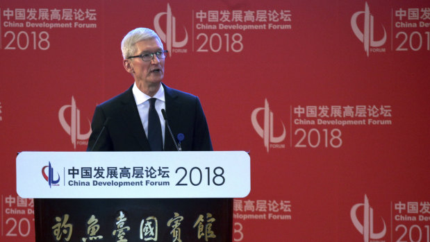 Tim Cook, Apple CEO,  at the opening ceremony of the China Development Forum held in Beijing, on Sunday.
