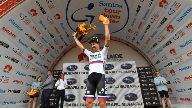 Victory: Peter Sagan celebrates his Tour Down Under stage victory.