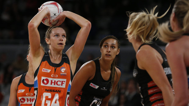 Jo Harten of the Giants shoots in an MVP performance against the Magpies.