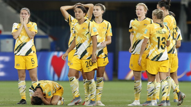 The disappointed Matildas react after losing the penalty shootout to Norway.