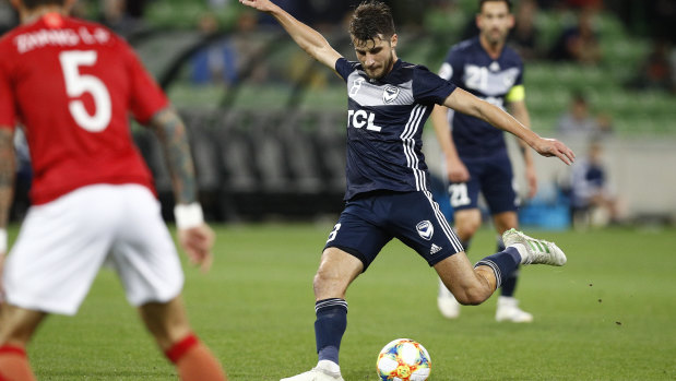 Terry Antonis of the Victory kicks at goal during the AFC Champions League match.