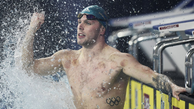 Olympic champion Kyle Chalmers celebrates during an International Swimming League meet in Hungary in 2019.