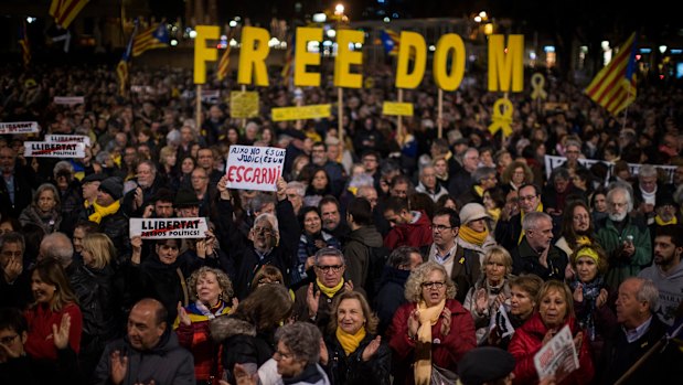 Pro-Catalonia independence supporters protest in Barcelona's Catalonia square on Tuesday.