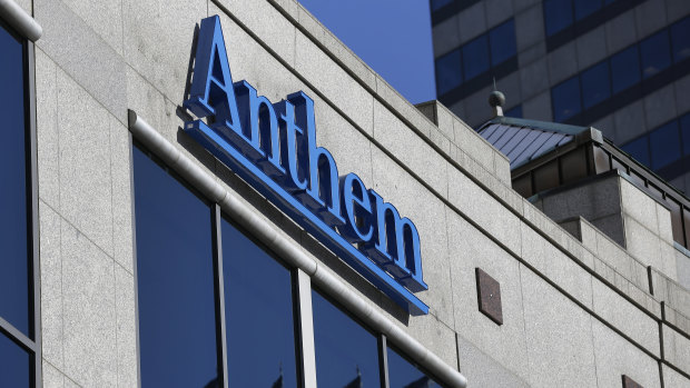 Anthem logo hangs at the health insurer's corporate headquarters in Indianapolis. Anthem Inc.
