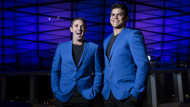 Got the Blues: Brad Fittler and Latrell Mitchell seemed to like the Blues' choice of attire.