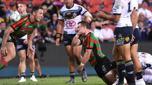 Damien Cook celebrates his try during another impressive performance from the Rabbitohs hooker. 