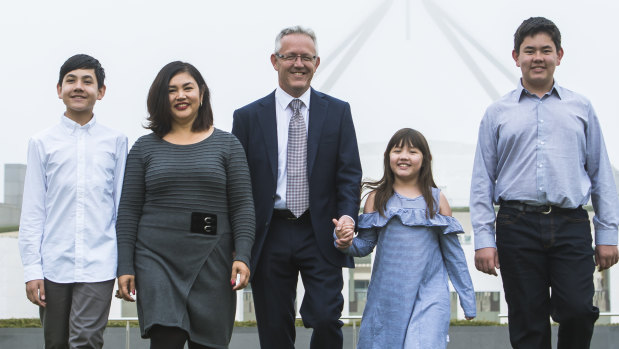 David Smith with his children Eamonn, 12, Stella, 8 and Marcus, 14, and wife Liesl Centenera, in May following confirmation he would be replacing Katy Gallagher in the Senate.