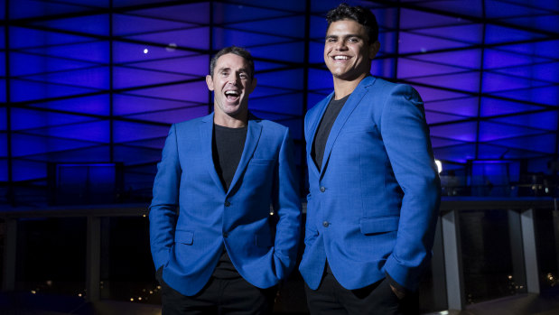 Master and apprentice: Brad Fittler and Latrell Mitchell in high spirits at the NSW team announcement on Monday night.
