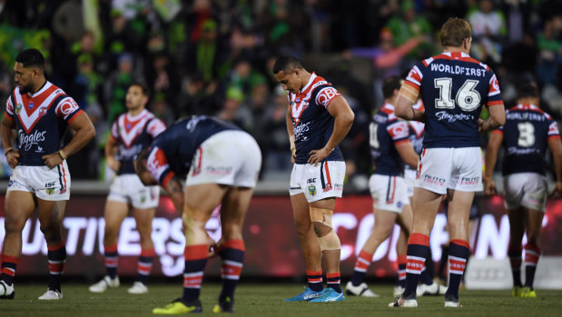 Out in the cold: The Roosters adjust to the novelty of defeat, at GIO Stadium in Canberra.