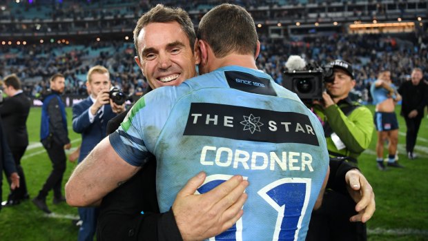Brad Fittler brought Boyd Cordner to the Sydney Roosters as a 16-year-old and have shared plenty of highs, including this moment after last year's Origin series triumph.