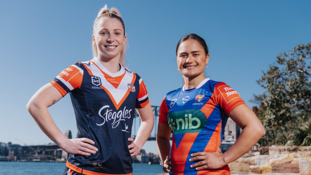 Tarryn Aiken of the Roosters and Newcastle’s Nita Maynard ahead of their NRLW season opener on Thursday night.