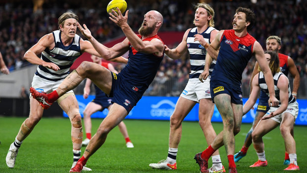 Melbourne captain Max Gawn in action in the preliminary final.