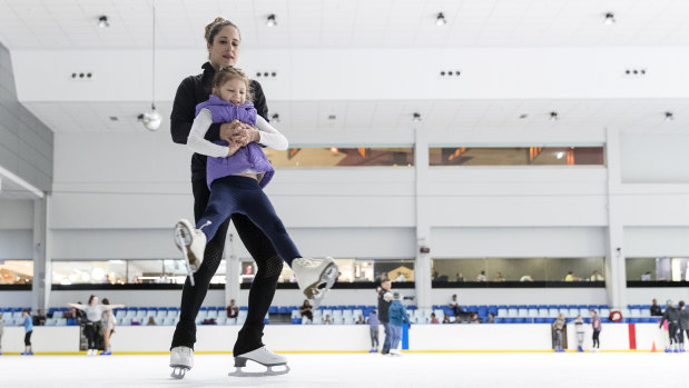 Alissa Pfitzner and her daughter Scarlett at Macquarie Ice Rink on Thursday.
