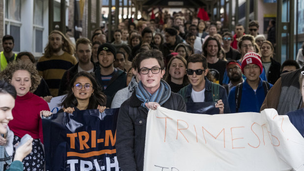 UNSW students marched to the vice-chancellor's office on Wednesday chanting: "Ian Jacobs get out, we know what you're all about, cuts, job losses, money for the bosses."