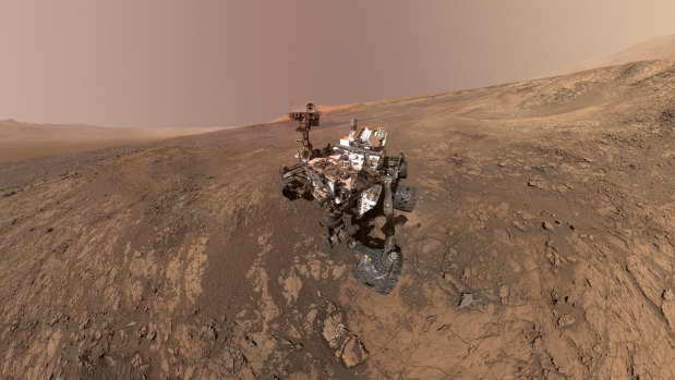 A composite self-portrait of NASA's Curiosity Mars rover on Vera Rubin Ridge, Mars, in January.