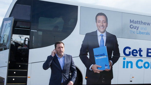 Opposition Leader Matthew Guy boarded his election campaign bus again on Tuesday.