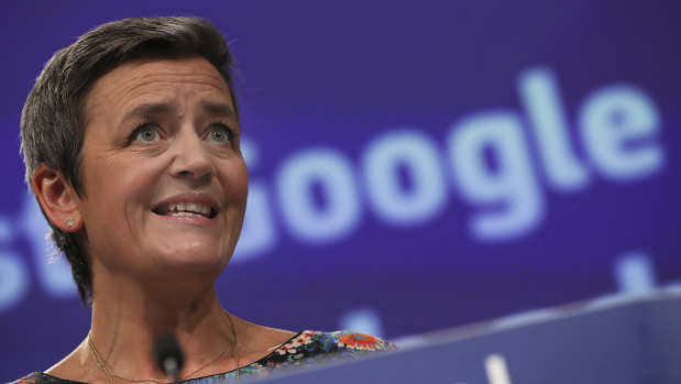 European Competition Commissioner Margrethe Vestager speaks during a media conference at EU headquarters in Brussels.