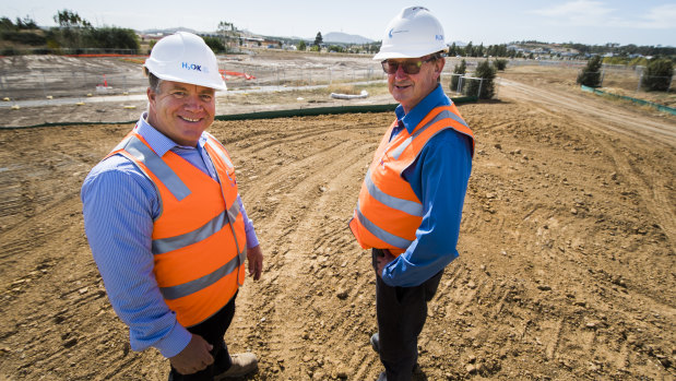 ACT Healthy Waterways project manager Justin Foley  and Martin Boyd from  lead contractors Construction Control on the site of the Holder wetlands.