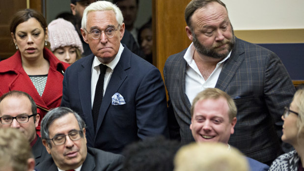 Roger Stone, former adviser to Donald Trump's presidential campaign, left, and Alex Jones, radio host, attended the hearing.