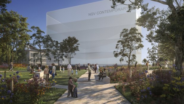 Artist impression of NGV Contemporary (gallery building to be designed) viewed from the new public garden. 