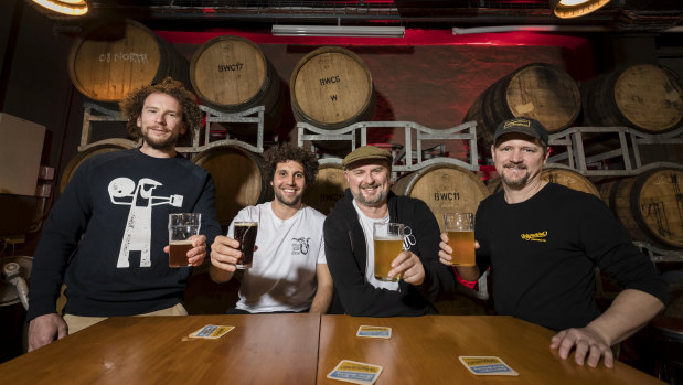 Inner West craft brewers celebrate the news: Chris Sidwa from Batch, Matt King from The Grifter, Richard Adamson from Young Henrys and Peter Phillip from Wayward Brewing Co, at Wayward.