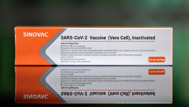 A mock-up box of Sinovac Biotech coronavirus trial vaccine in Brazil. The batch with the first 120,000 doses of the CoronaVac vaccine arrived in Sao Paulo from China in November.