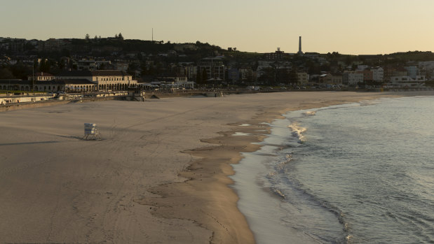 Bondi beach completely empty in early April after the NSW government closed eastern suburbs beaches.