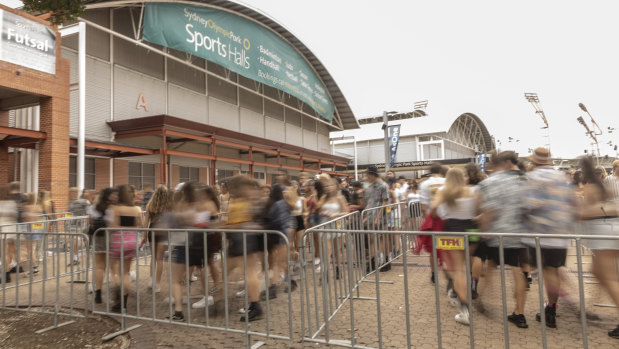 People arrive for The Lost City music festival at the Sydney Showgrounds on 22 February 2019.