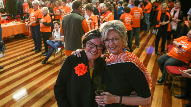 New Indi independent Helen Haines (right) with Cathy McGowan, the two-term representative who handed her the reins.