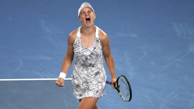 Ash Barty roars with delight after winning this year’s Australian Open women’s singles final.